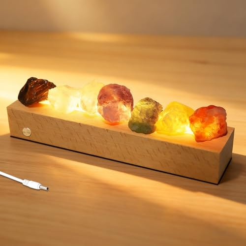 7 Farben Salzlampe mit LED Holzsockel, Salzkristalllampe Dimmbar mit USB Wiederaufladbare Batterien, Kristall Stein Nachtlicht Nachttischlampe, Licht für Yoga Spa Meditation Wohnzimmer Dekoration
