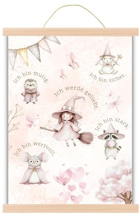 Mutzauber® Poster Affirmationsposter A3 Poster Kinderzimmer Kleine Hexe Mädchen Fee Märchen Maus Igel Hase Bilder Motivation Fee Kinder Wandposter (A3 Kleine Hexe)