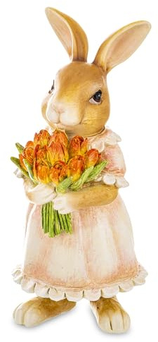 Vintage Osterhase im Shabby-Chic-Look – Antike Dekofigur für Ostern, Rustikaler Deko-Hase mit Patina, Nostalgische Frühlingsdekoration (Kaninchen mit einem Strauß Tulpen / 19,5x9x9 cm)