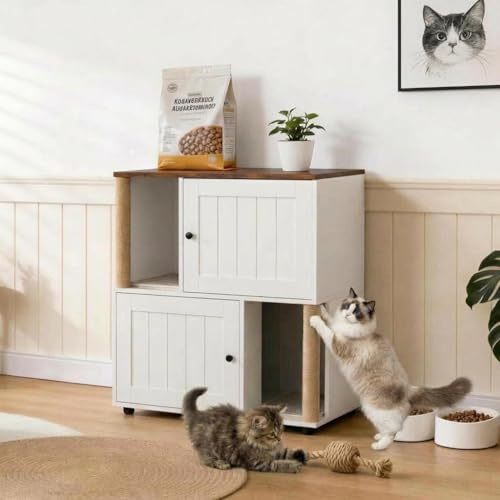 Double-Decker Cat Litter Box Enclosure for 2 Cats, Hidden Cat Litter Box Furniture with Scratching Posts & Mat, Wooden Indoor Cat Litter Cabinet Cupboard Side Table, 80x50x88 cm - White Pull Door