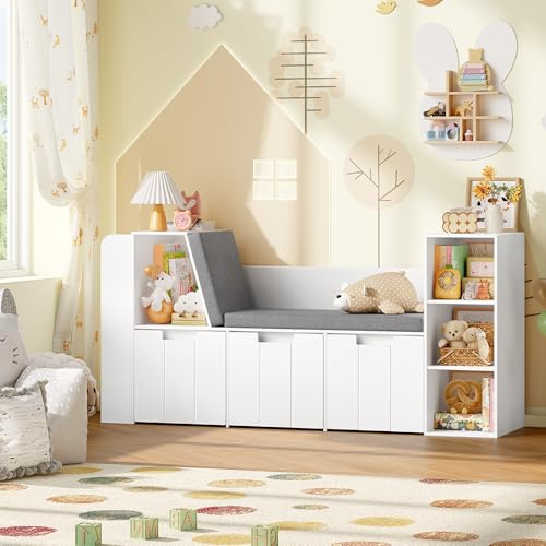 HOCSOK Kids Bookshelf with Seat, 3 Rolling Toy Chest, Wooden Toy Organiser | 3-Tier Children's Bookcase, Toy Storage Unit with 4 Cubes, Kids Bookcase for Playroom, Nursery, White, 80H x 156W x 38D cm