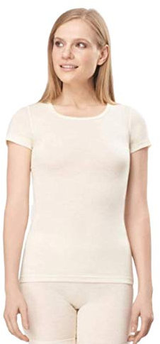 UTENOS Chemise Manches Courtes en Laine mérinos Ultra-Douce pour Femmes, Chemise à Carreaux, fabriqué en UE (Beige, M)