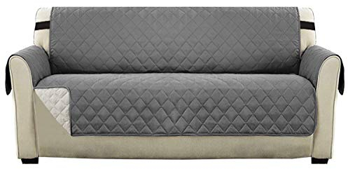 H.Versailtex Sofa Cover for Pets, Water Resistant Sofa Slipcover 3 Seater for Kids, Machine Washable Quilted Sofa Couch Covers with Adjustable Elastic Straps(Grey/Beige)