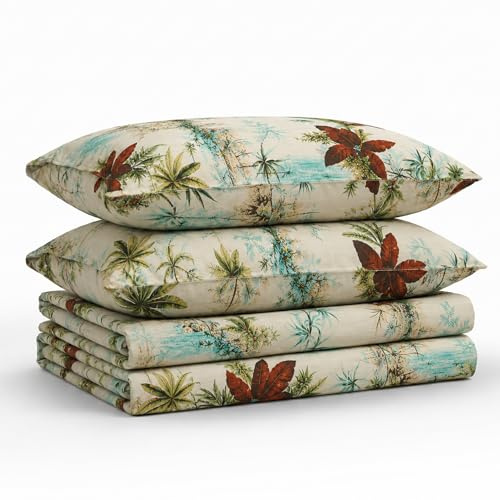 Tribeca Living Deep Pocket Cal King Size Sheet Set - 300 Thread Count Cotton Sateen Sheets with 22-Inch Extra Deep Pockets, Oeko-Tex Certified, 4 Bedding Set in Paradise Island Multi Print