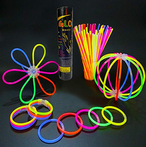 SHATCHI 100Pcs Glow Fun Pack-204Pcs Glowin Dark Sticks, Connectors for Bracelets and Necklaces Balls Flowers Rave Accessories Halloween Party Bag Fillers Disco Props, Multi Colour