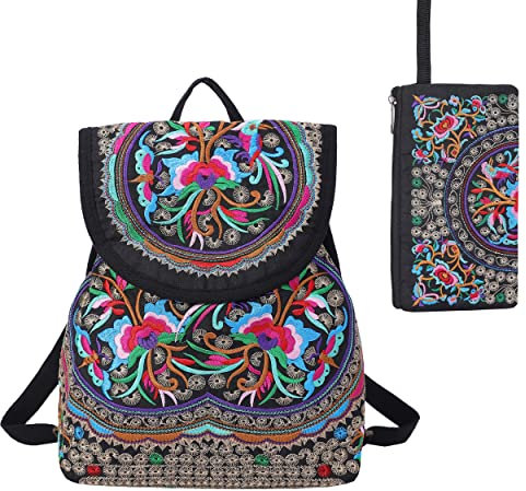 surrylake Vintage bestickte Damen-Rucksäcke, Boho-Rucksack, Geldbörse, ethnische Reise, Schultertasche für Frauen, Pinkes Blumen-Set, Small