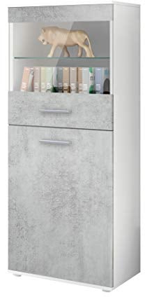 Vladon Vitrine Almada, Made in Germany, Standvitrine mit 2 Türen, 4 Fächern und 1 Glaseinsatz, Weiß matt/Beton Oxid-Optik (53 x 125 x 30 cm)