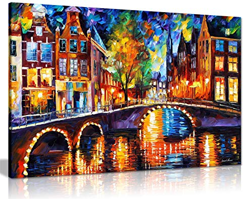 Leonid Afremov Ölgemälde auf Leinwand, abstrakt, für Wohnzimmer, Heimdekoration, The Bridges of Amsterdam, 91x61cm (36x24in)