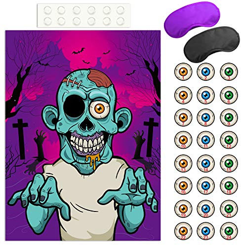 FEPITO Pin The Eyeball auf dem Zombie Halloween Spiel mit 24 Stück Zombie Augapfel Aufklebern für Halloween Party Gefälligkeiten, Halloween Dekorationen