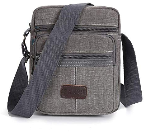 Bolso Bandolera de Lona para Hombre, Bolsa de Honda Bandolera Bolsillos múltiples Gran Capacidad con Bolsillos Finos con Cremallera (Gris)