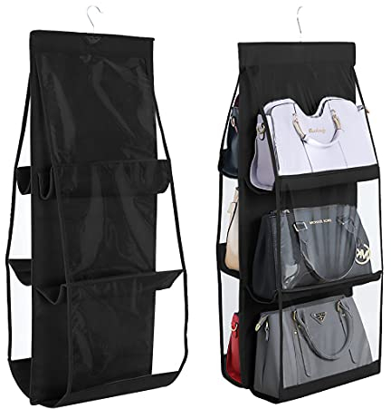 INHEMI Handtaschen Organizer Hängend , Handtaschen Hängeorganizer Aufbewahrung mit 6 Taschen,Handtasche Aufbewahren,Vliesstoff, Transparentes Fenster, Aufbewahrungstasche, Hängeorganizer - Schwarz