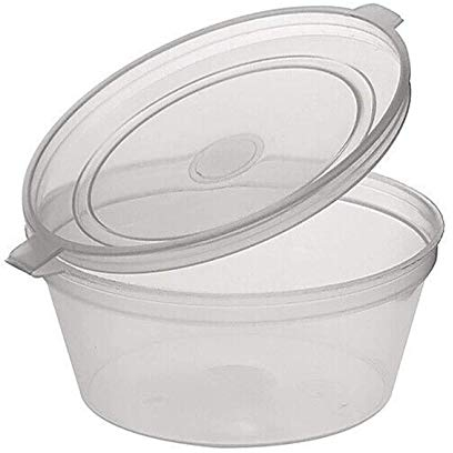 HOT BARGAINS 100 X 2oz Sauce Pots With Hinged Lids, Round Food Containers Deli Pots Sauce Tubs