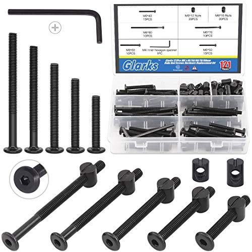 Glarks M6 x 40 / 50 / 60 / 70 / 80 mm schwarze Innensechskantschraube und Zylindermutter-Sortiment mit einem Inbusschlüssel für Kinderbett, Babybett, Kinderbett, Möbel, 120 Stück