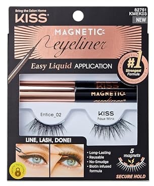 KISS Magnetic Eyeliner & Lash Kit, Entice, 1 Paar synthetische falsche Wimpern mit 5 doppelten Magneten und wischfest, Biotin Infused Black Magnetic Eyeliner mit Präzisionspinsel