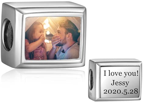 Foto Charms Silber 925 Personalisierte Foto Perle mit Ihrem Erinnerung Bild European Foto Bead Charms Fit Halskette Pandora Armband Geschenk Zum Geburtstag Xmas Baby Andenken (Silber-Rechteck-Text)