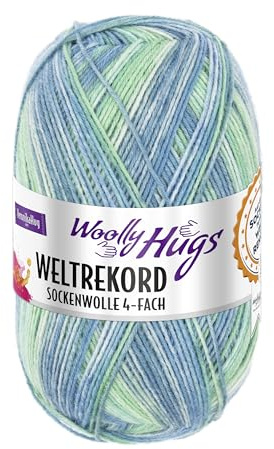 Woolly Hugs Weltrekord Sockenwolle 100g | 75% Schurwolle & 25% Polyamid | 420 m Lauflänge | Strapazierfähiges Sockengarn | Teil des Weltrekord-Strickprojekts (05 | grün/blau)