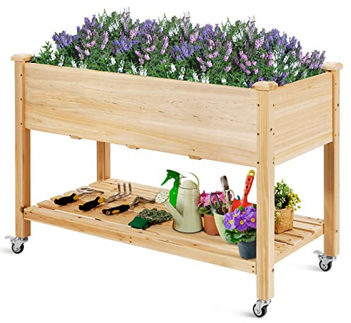 COSTWAY Raised Garden Bed, Wooden Elevated Planter Box with Lockable Wheels, Bottom Shelf, Black Liner & Drain Holes, Outdoor Vegetables Flowers Plant Growing Bed (120x59x84cm, 2 Tiers)