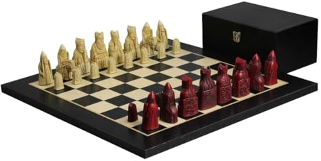 Chessgammon Isle of Lewis I Elfenbein & Rot Harz Schachfiguren 3,5 mit Charcoal Schwarz Schachbrett 20
