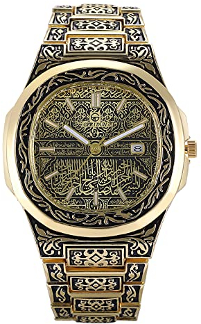 JewelryWe Herrenuhr Retro Analog Quarz Armbanduhr 30m wasserdichte Datum Kalender Vintage Blumenmuster Herren Uhr mit Metall-Armband Gold