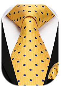 HISDERN Krawatte Gelb Herren Krawatten mit Einstecktuch Punkte Krawatte Hochzeit und Taschentuch Set