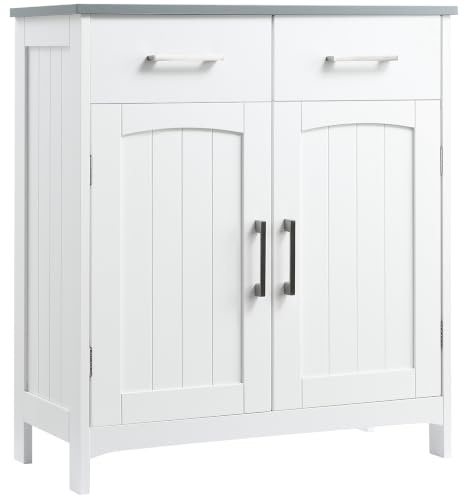 kleankin Freestanding Bathroom Cabinet, 2 Drawers, Double Doors, White | Storage Cupboard, Adjustable Shelf