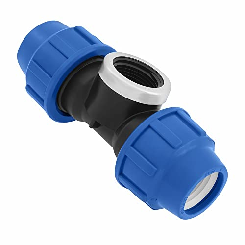 SmartProduct T-Stück PE Rohr Fitting 20mm x 1/2 x 20 mm Innengewinde IG Verschraubung PN16 DVGW Trinkwasser zertifiziert – Klemmverbinder – PP T Stück Kupplung für PE80 PE100 Rohren – 1 Stück