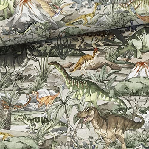 Keine Meterware, Stoffe zum Nähen, Stoff für Kinder, 100% Baumwolle: 1m Premium Baumwollstoff mit Tiere - Jungen Kinderstoff mit Dinos - Dinosaurier Dinoland