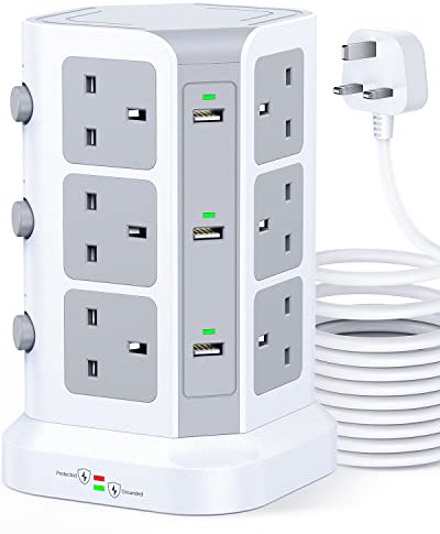 Tower Extension Lead With 5M Cable by KOOSLA, [13A 3250W] Surge Protector - 12 AC Outlets & 6 USB Ports Multi Plug Socket Charging Station, Tower Power Strip for Home, Office,Kitchen