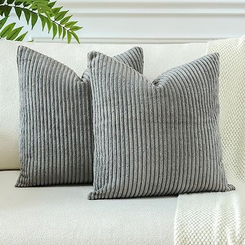 JOTOM 2er Set Cord Kissenbezüge Kissenhülle Dekorative Zierkissen Sofakissen Couchkissen Dekokissen Kissenbezug Deko Kissenhülle für Sofa Wohnzimmer 55x55cm Grau