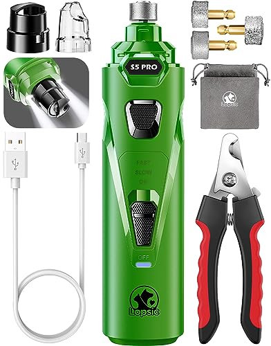 Dog Nail Grinder with 2 LED Lights Powerful 2-Speed Dog Nail Trimmers with 3 Grinding Wheels Super Quiet Rechargeable Pet Dog Nail Clipper Kit for Large Medium Dogs Cats Small Animal Nail Care Green