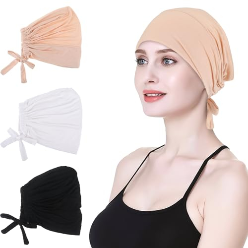 Hijab Kopftuch,Damen Frauen Undercap Hijab Unterschal Hijab Islamische Muslimische Unterschal Hijab Closure Solid Color Unter Schal Hijab Kopfbedeckung Chemo Kopftuch Schlafmütze (weiß+Beige+Schwarz)