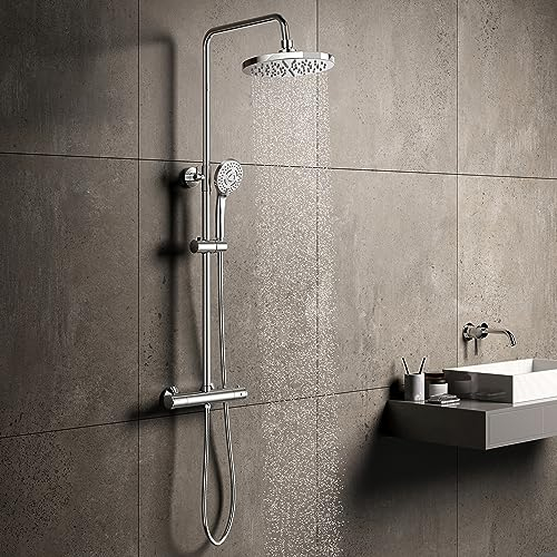 Shower Mixer Set, YOOZENA Shower Mixer bar Set for Bathroom, Adjustable Height Shower System with Round Overhead Rainfall Shower,Thermostatic Shower Set,Chrome
