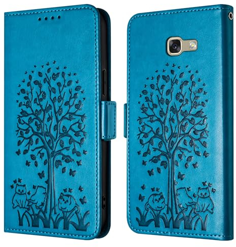 Feyten für Samsung Galaxy A5 2017/A520 Hülle,PU Leder Tasche Flip Case Lederhülle Schutzhülle, Vintage Katze und Baum Handyhülle für Samsung A5 2017/A520 (Blue)
