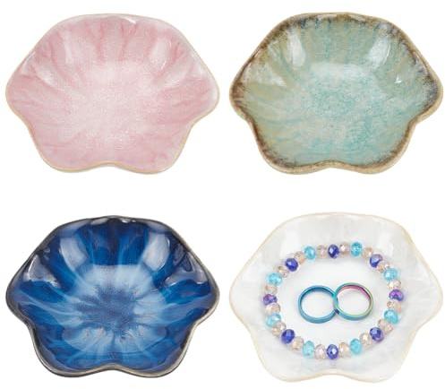 FINGERINSPIRE 4Pcs Lotus Leaf Shape Ring Holder Dish 4 Colors Ceramic Trinket Tray 101x110x28mm Small Key Bowl Flambed Glazed Jewelry Plates Organizing Necklace Earrings for Friends and Mothers Gift