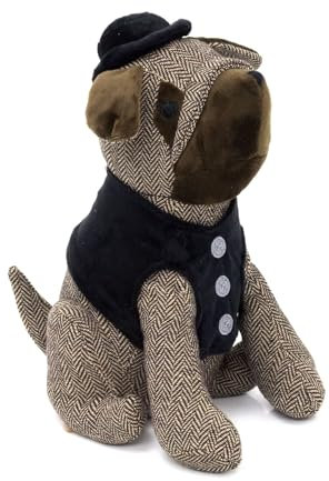 Toby Bulldog Doorstop | Herringbone Fabric Dog Door Stop with Hat and Waistcoat | Decorative Weighted Puppy Dog Shaped Door Stopper - Brown
