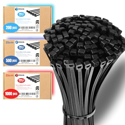 FEVIO - 1000 collier de serrage plastique - 250mm x 4,8mm, riselant, collier serrage noir avec résistance à la traction de 22 kg et UV, collier de serrage professionnelles, autobloquant (1000)