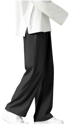 AMhomely Mens Casual Trousers Regular Fit Wide Straight Cut Leg Trousers Men Plus Size Joggers Ice Silk Lightweight Sweatpants Comfort Breath Casual Pants High Waisted Baggy Long Black M