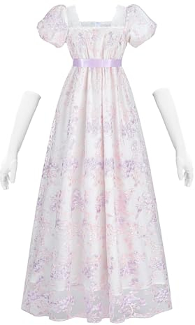 CROLECOS Regency Kleid Jane Austen viktorianisches Kleid Damen Lange Vintage Kleid mit Handschuhen Violett Kleid XL
