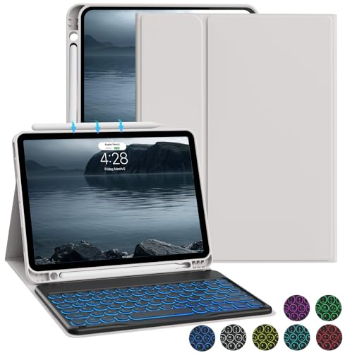 ZOYU Hülle mit Tastatur Kompatibel mit iPad Air 6./ 5./ 4. Generation 11 Zoll M2/10,9 Zoll, 7 Farbige Beleuchtete Tastatur mit Hülle für iPad Air 2024/2022/2020, Grau