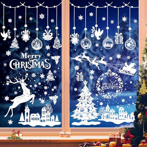 Haocjanc Fensterbilder Weihnachten Wiederverwendbar, 243 Stück Weihnachtssticker und 1 Abstreifer, Weiss PVC Fensterbilder Selbstklebend, Fenster Sticker für Weihnachten, Winterdekoration