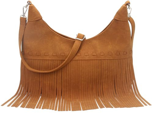 Motesun Fringe Hobo Crossbody Taschen für Frauen Cowgirl Western Crescent Geldbörse Vegan Wildleder Hippie Umhängetasche Bohemian Handtasche, Braun