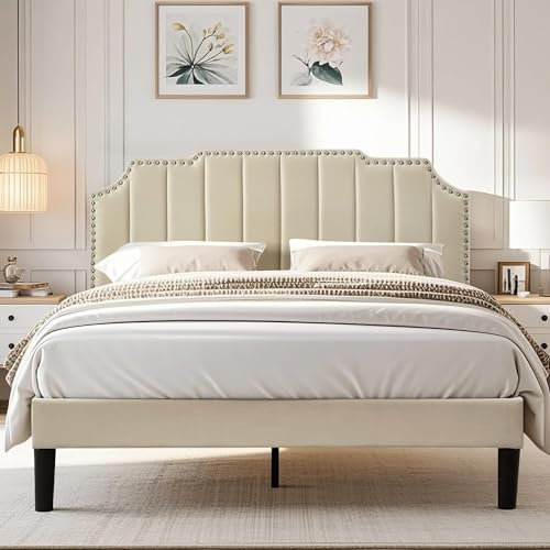 VECELO Lit Double Rembourré 140x190 cm, Cadre de Lit avec Tête de Lit, Support à Lattes en Bois Solide, Tissu en Velours Haut de Gamme, Facile à Assembler, Beige
