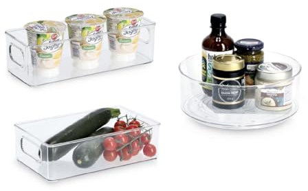 House of Little Labels Kühlschrank-Organizer Set, 7-teilig: 1 Drehteller & 6 Aufbewahrungsboxen, transparent