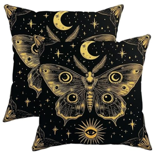 Himmlische Motten-Kissenbezüge, 2er-Set, schwarz-goldene Sternenkissen, mit Mond- und Augenaufdruck, Halloween-Heimdekoration für Sofa, Bett, Couch, 45,7 x 45,7 cm