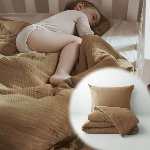 PaLulli® Bettwäsche Musselin Set 80x80 cm | Kissenbezug 35x40 cm | Kinderbettwäsche aus 100% Bio Baumwolle Oeko-TEX zertifizierte Babybettwäsche 80x80 cm + 35x40 cm (Braun)
