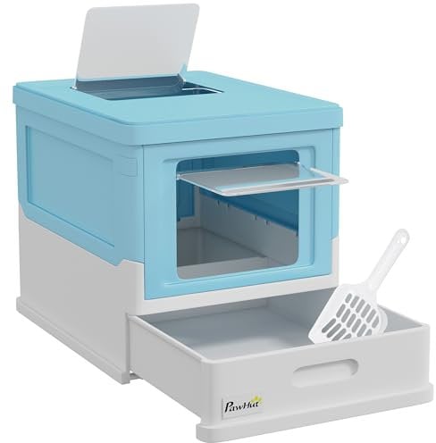 PawHut Caja de Arena Plegable para Gatos Arenero Cerrado para Gatos con Cubierta Desmontable Bandeja Extraíble Techo Abatible Puerta de Entrada y Pala 47,5x35,5x36,7 cm Azul y Blanco