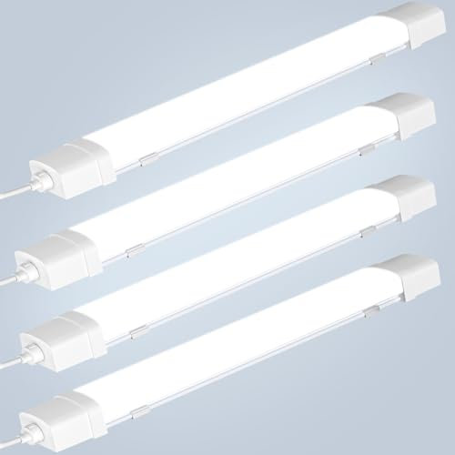 Viugreum 4er Feuchtraumleuchte Led mit Bewegungsmelder 120CM,40W 6500K Led Röhre, Verknüpfbar Led Feuchtraumleuchte, Wasserfest IP66 Werkstattlampe LED Wannenleuchte für Garage Büro,4000LM kaltweiß