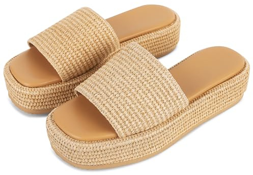 EQAUDES Platform Wedge Espadrille Sandals for Women Summer Beach Outdoor Straw Raffia Sandal Comfortable Brown Vacation Sandals for Women