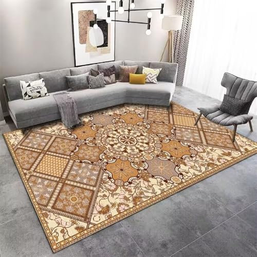 RUGMRZ Büro Bodenmatte Teppich Babyzimmer 170x240CM Kinder teppiche Amazon Braun Gelbes Vintage-Blumenmuster für pflegeleichten