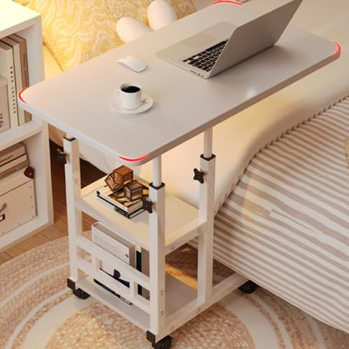 C Shaped Side Table, Coffee Table Bedside Table Sofa Side Table with Wheels | Adjustable Height Mobile Laptop Bed Sides Table with Wheels Storage Shelves for Sofa Bedroom Living Room Office
